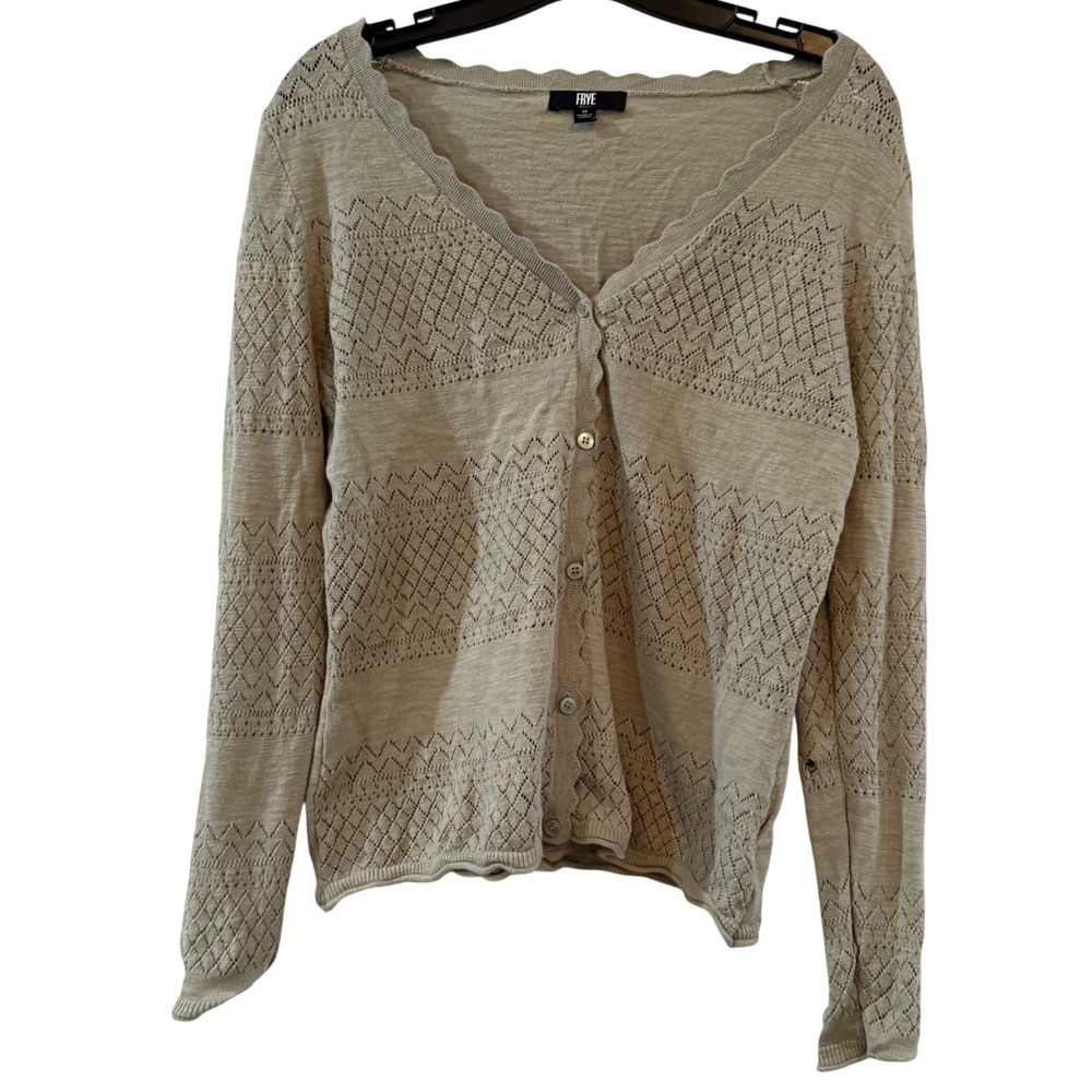 Frye Womens Pointelle Knit Scalloped Cardigan‎ Sweater Beige  Size M 100% cotton